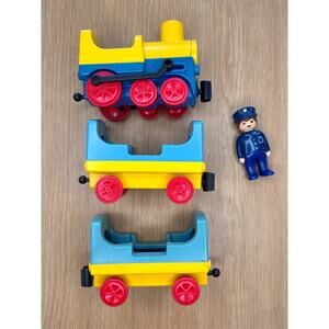 Playmobil Junior 123 BLUE Yellow TRAIN ENGINE w/ Conductor & Cargo Cars Set 6912